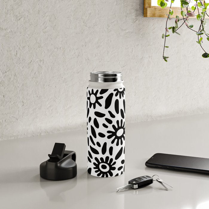 Abstract black and white flower nature art pattern Water Bottle Gallery Image 4