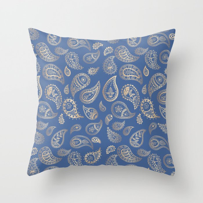 Classic blue and gold paisley Throw Pillow Gallery Image 6