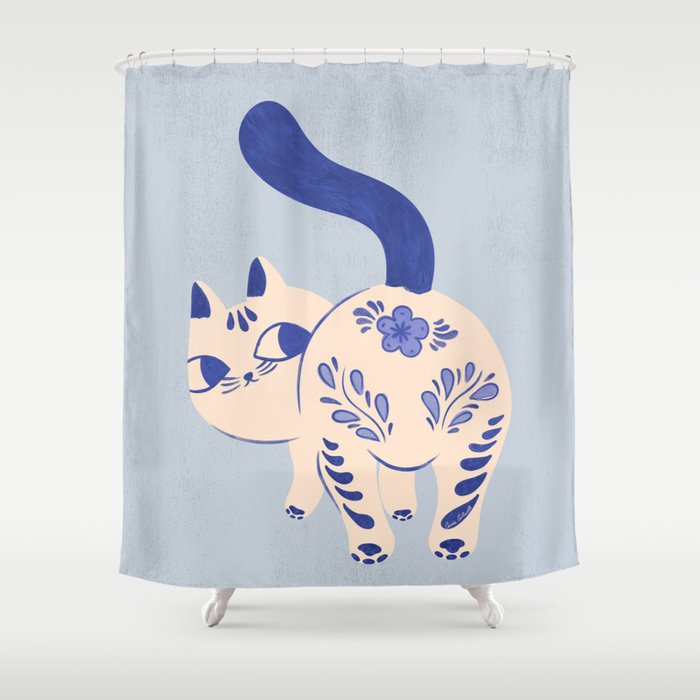 Purrcelin Cat - Pretty Delft Porcelain Kitty Shower Curtain Gallery Image 1