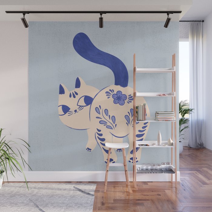 Purrcelin Cat - Pretty Delft Porcelain Kitty Wall Mural Gallery Image 1