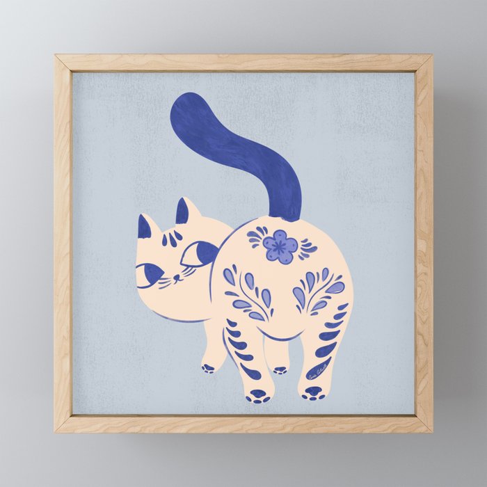 Purrcelin Cat - Pretty Delft Porcelain Kitty Mini Art Print Gallery Image 1