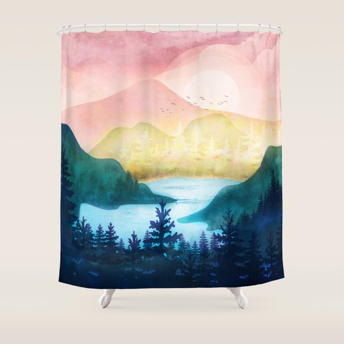 Lake beneath the towering hills Shower Curtain Gallery Image 1