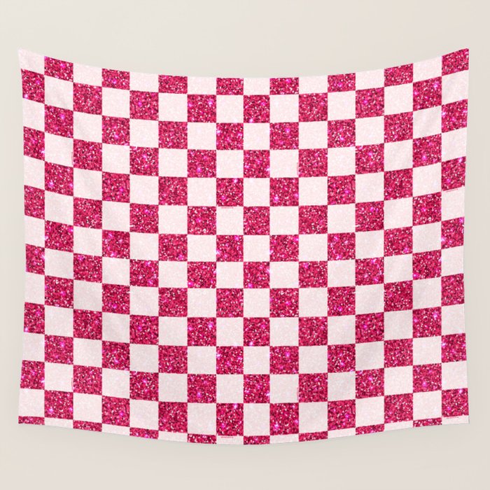 Pink Glitter Checkered Print in Cream Wall Tapestry Gallery Image 1