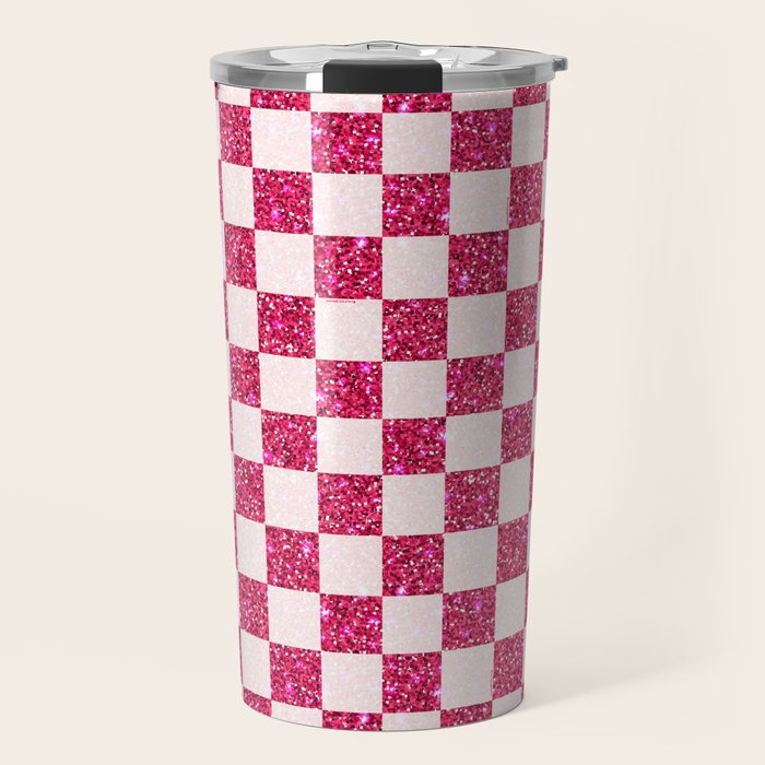 Pink Glitter Checkered Print in Cream Travel Mug Gallery Image 1