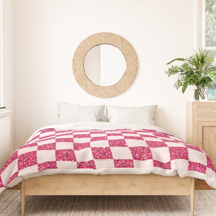 Pink Glitter Checkered Print in Cream Duvet Cover Gallery Image 3
