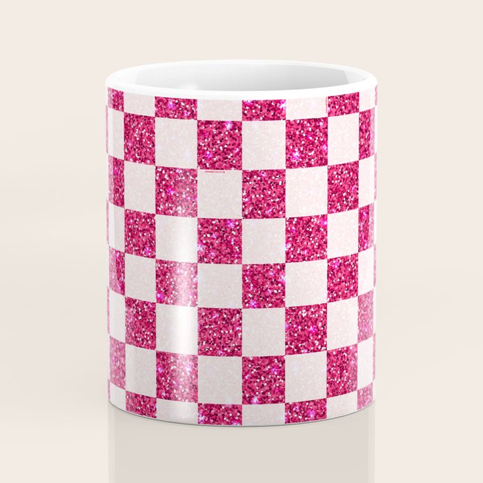 Pink Glitter Checkered Print in Cream Coffee Mug Gallery Image 4