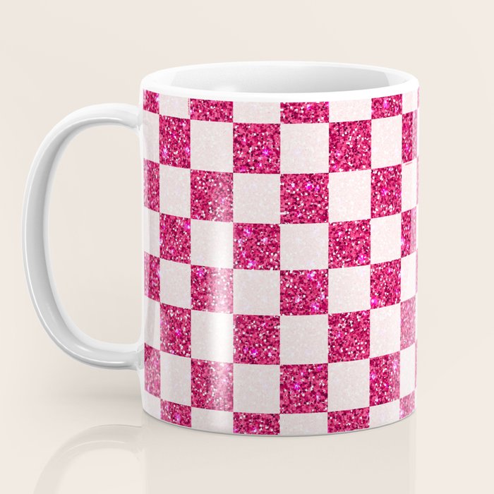Pink Glitter Checkered Print in Cream Coffee Mug Gallery Image 3