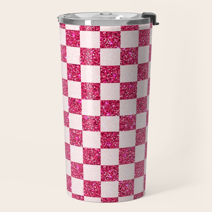 Pink Glitter Checkered Print in Cream Travel Mug Gallery Image 2