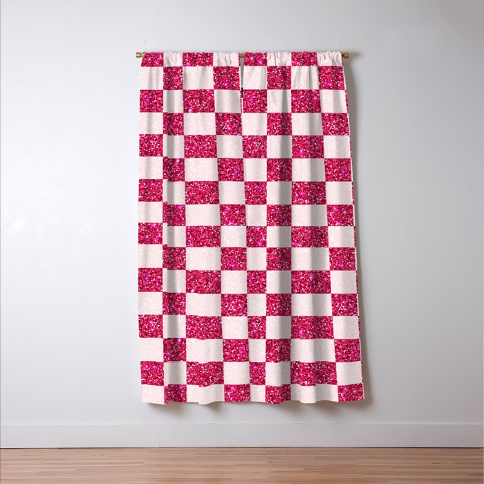 Pink Glitter Checkered Print in Cream Window Curtain Gallery Image 3