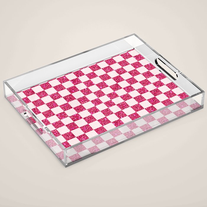Pink Glitter Checkered Print in Cream Acrylic Tray Gallery Image 1