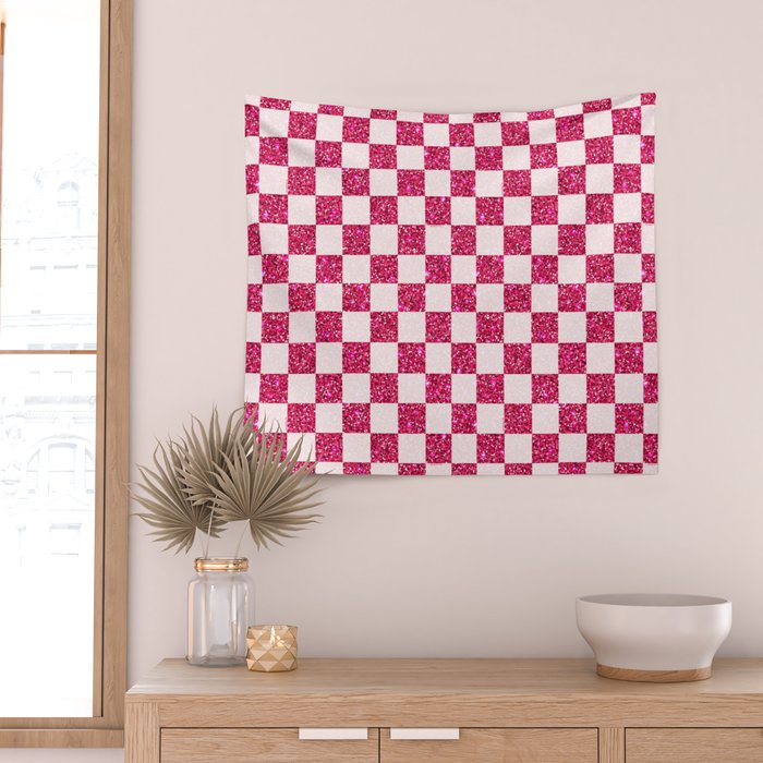 Pink Glitter Checkered Print in Cream Wall Tapestry Gallery Image 2