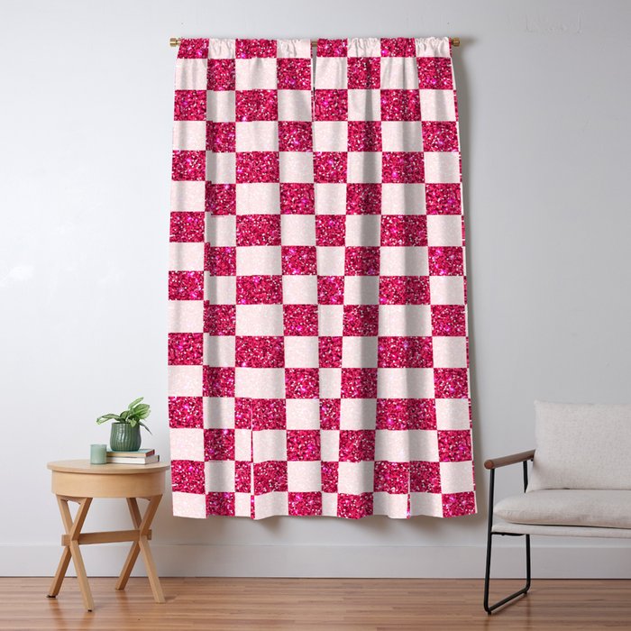 Pink Glitter Checkered Print in Cream Window Curtain Gallery Image 5