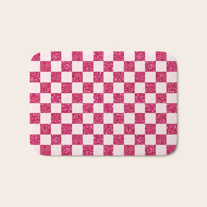 Pink Glitter Checkered Print in Cream Bath Mat Gallery Image 1