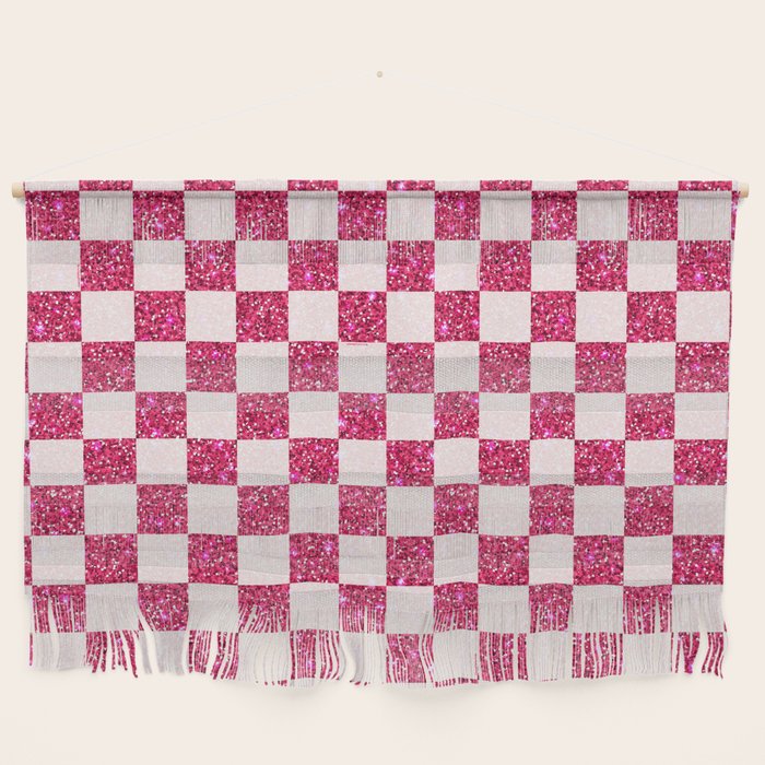 Pink Glitter Checkered Print in Cream Wall Hanging Gallery Image 1