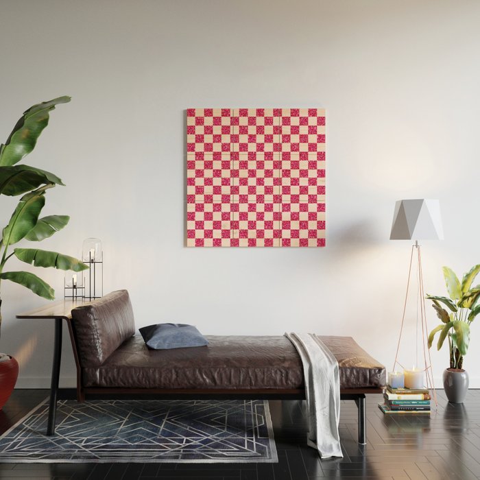 Pink Glitter Checkered Print in Cream Wood Wall Art Gallery Image 2