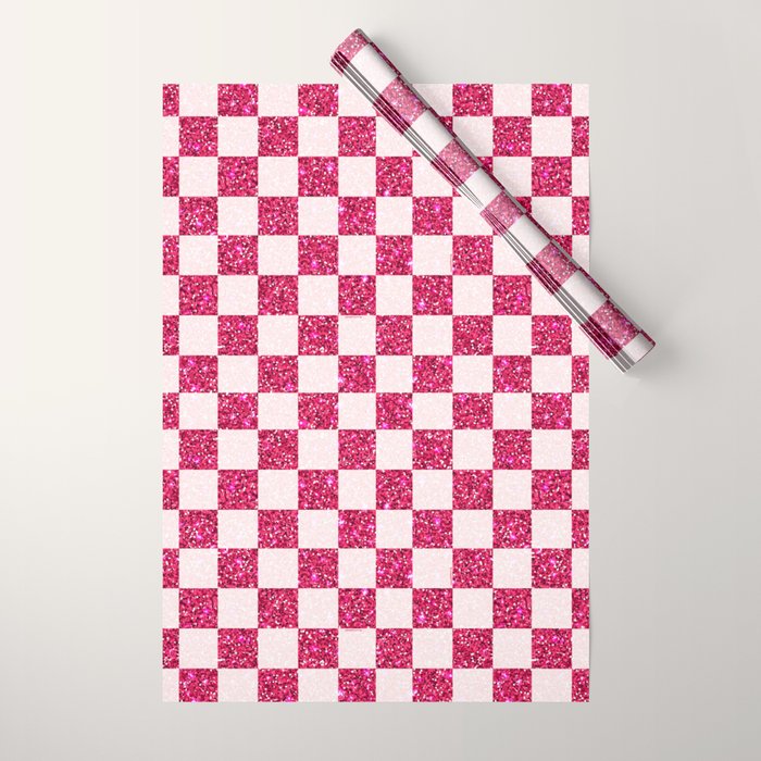 Pink Glitter Checkered Print in Cream Wrapping Paper Gallery Image 1