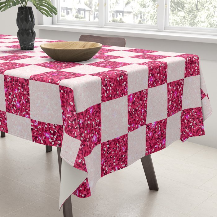 Pink Glitter Checkered Print in Cream Tablecloth Gallery Image 3
