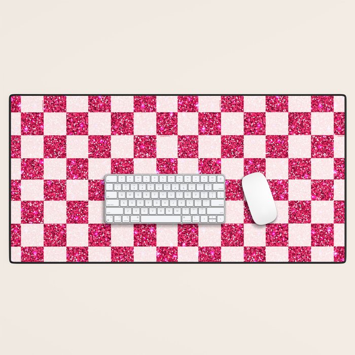 Pink Glitter Checkered Print in Cream Desk Mat Gallery Image 1