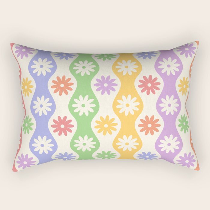 Retro Wavy Stripes with Colorful Flowers Rectangular Pillow Gallery Image 1