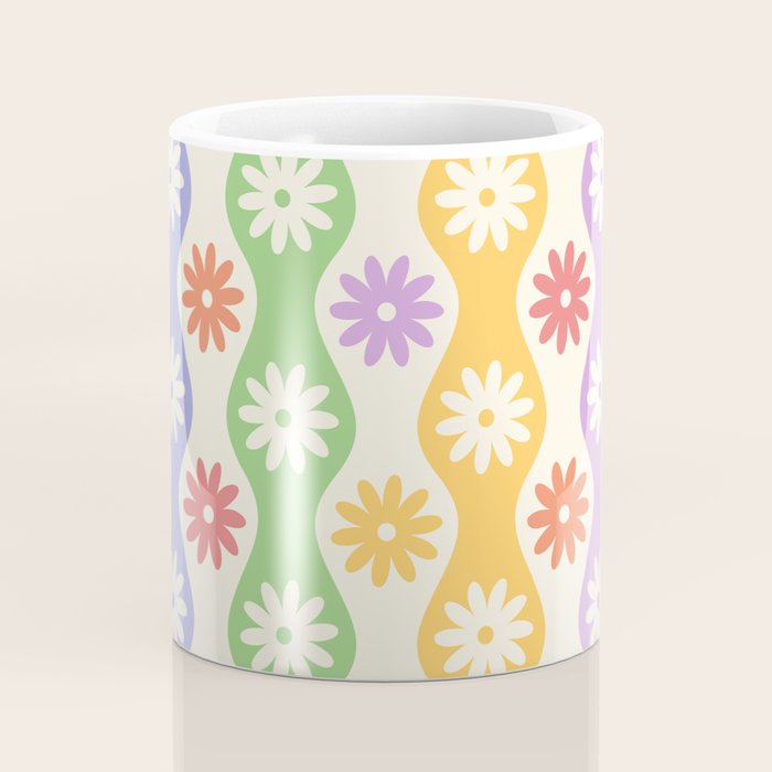 Retro Wavy Stripes with Colorful Flowers Coffee Mug Gallery Image 4