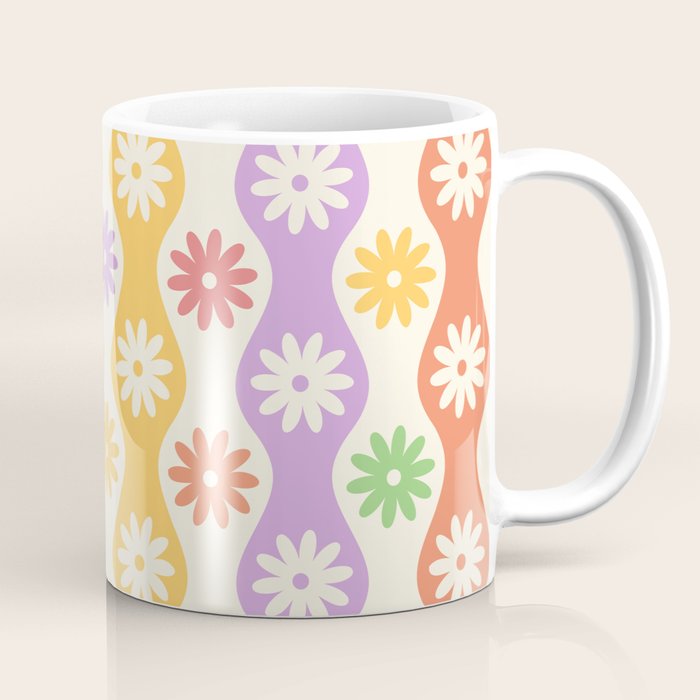 Retro Wavy Stripes with Colorful Flowers Coffee Mug Gallery Image 1