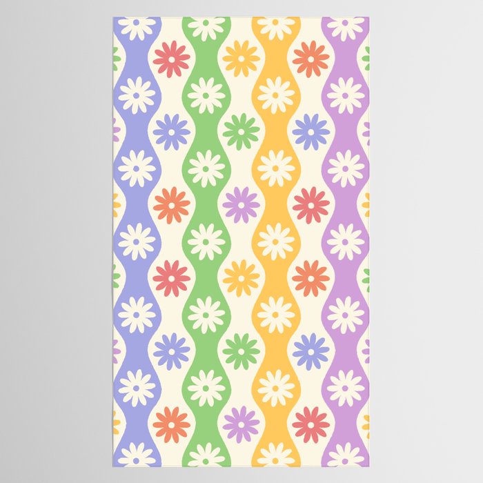 Retro Wavy Stripes with Colorful Flowers Tablecloth Gallery Image 2