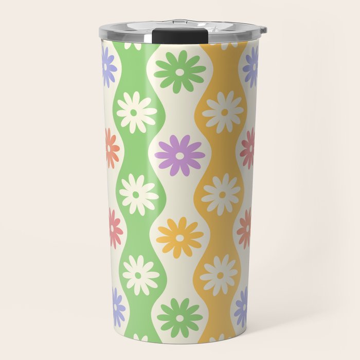 Retro Wavy Stripes with Colorful Flowers Travel Mug Gallery Image 1
