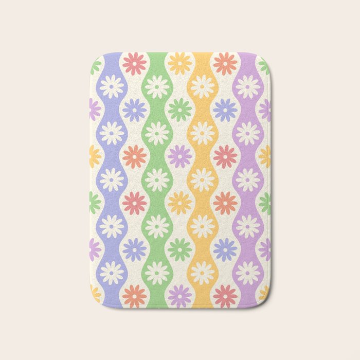 Retro Wavy Stripes with Colorful Flowers Bath Mat Gallery Image 1