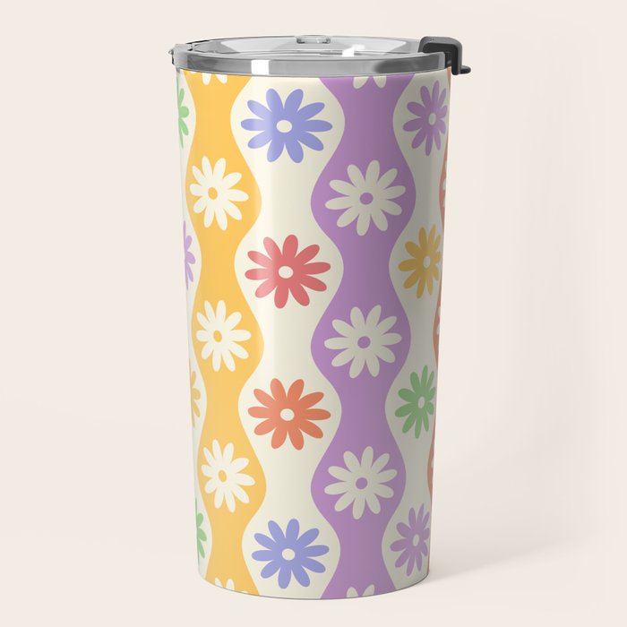 Retro Wavy Stripes with Colorful Flowers Travel Mug Gallery Image 2