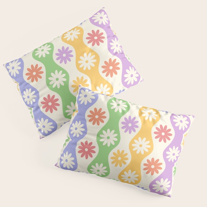Retro Wavy Stripes with Colorful Flowers Pillow Sham Gallery Image 3