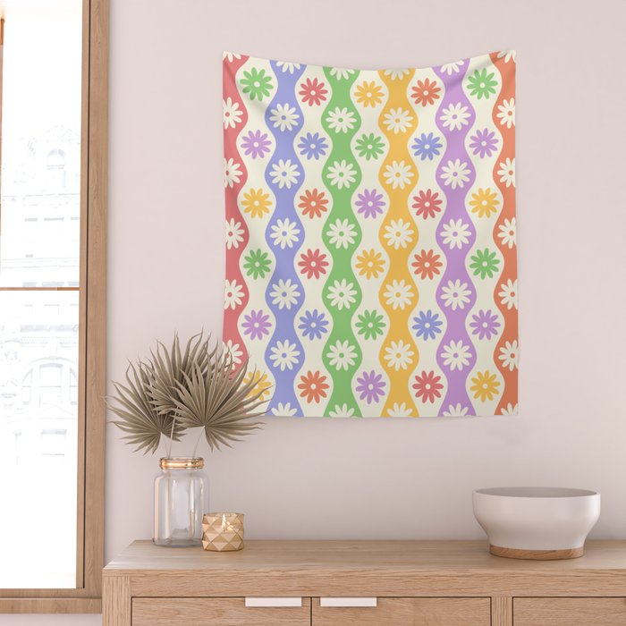 Retro Wavy Stripes with Colorful Flowers Wall Tapestry Gallery Image 2