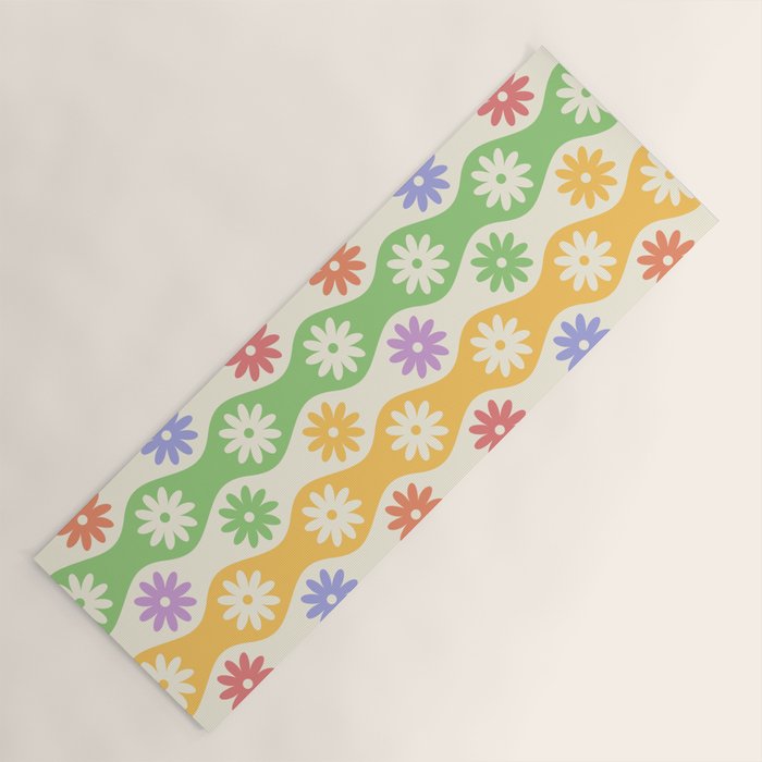 Retro Wavy Stripes with Colorful Flowers Yoga Mat Gallery Image 1