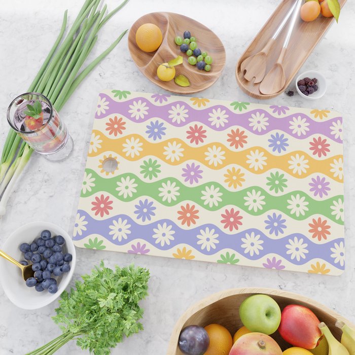 Retro Wavy Stripes with Colorful Flowers Cutting Board Gallery Image 2