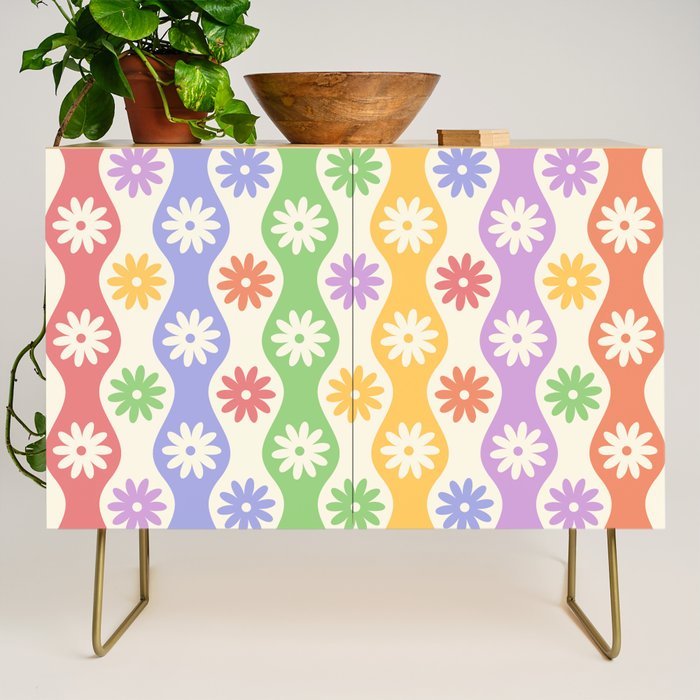 Retro Wavy Stripes with Colorful Flowers Credenza Gallery Image 1