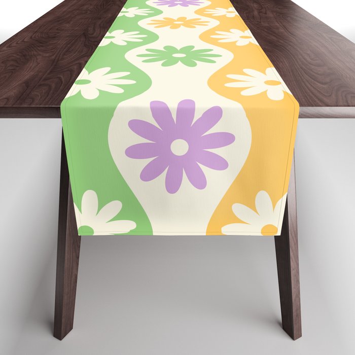 Retro Wavy Stripes with Colorful Flowers Table Runner Gallery Image 1