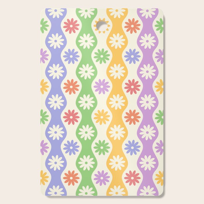 Retro Wavy Stripes with Colorful Flowers Cutting Board Gallery Image 1