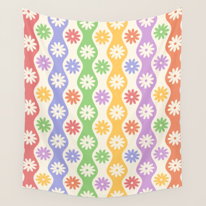 Retro Wavy Stripes with Colorful Flowers Wall Tapestry Gallery Image 1