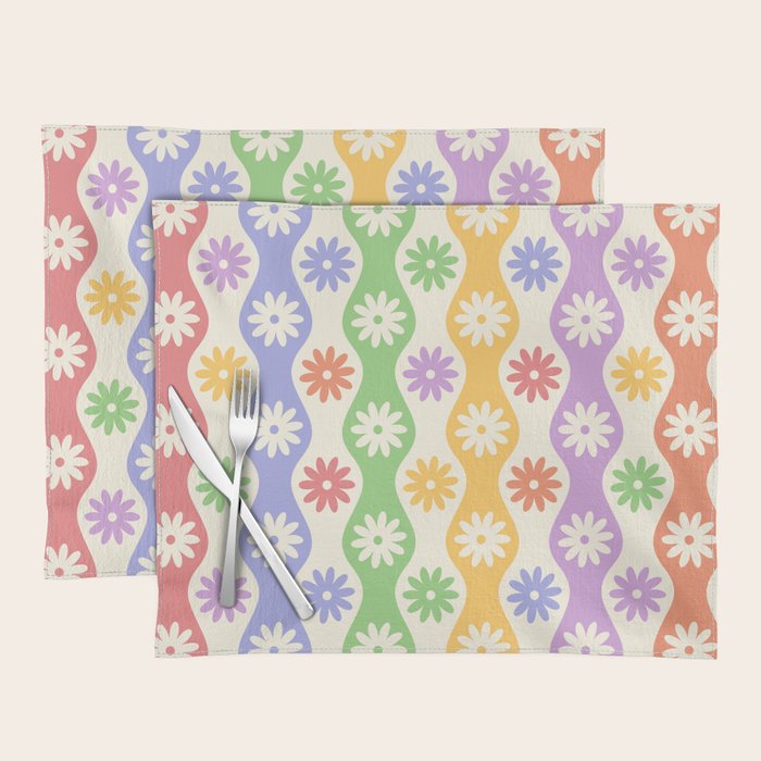 Retro Wavy Stripes with Colorful Flowers Placemat Gallery Image 1