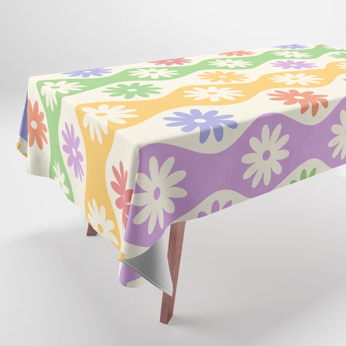 Retro Wavy Stripes with Colorful Flowers Tablecloth Gallery Image 1