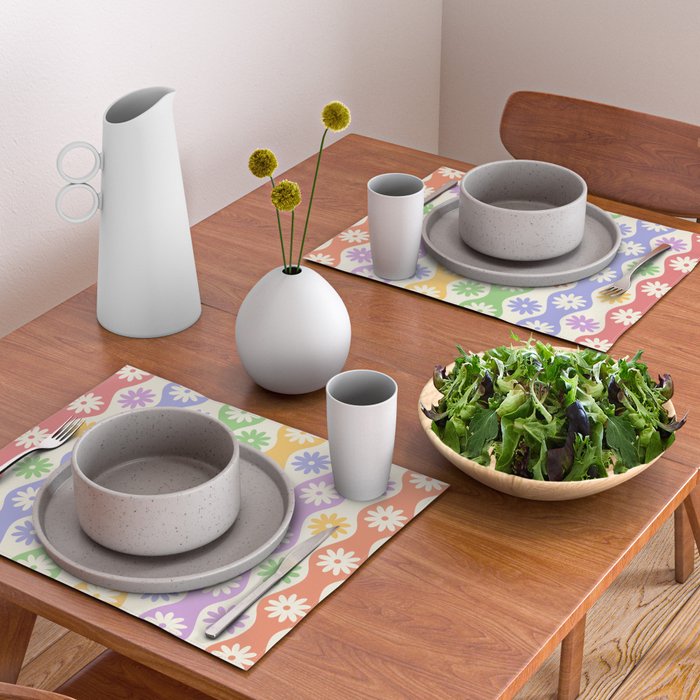 Retro Wavy Stripes with Colorful Flowers Placemat Gallery Image 2