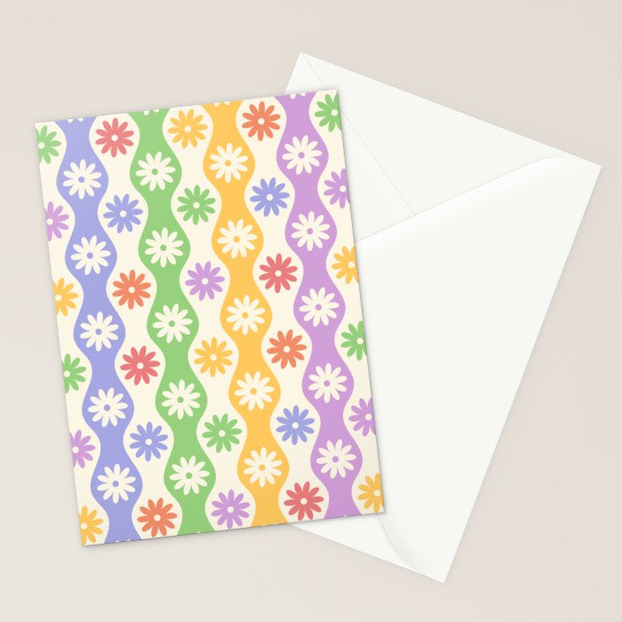 Retro Wavy Stripes with Colorful Flowers Stationery Card Gallery Image 2