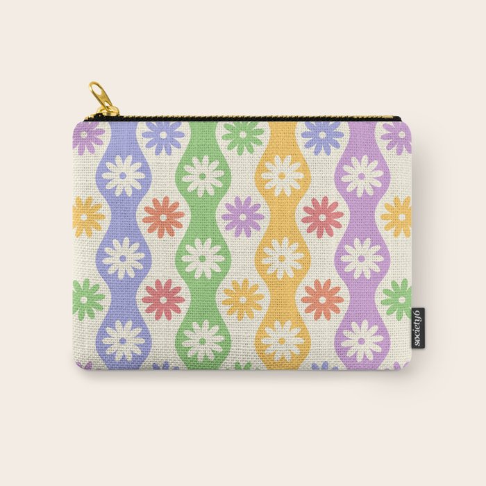 Retro Wavy Stripes with Colorful Flowers Carry All Pouch Gallery Image 1