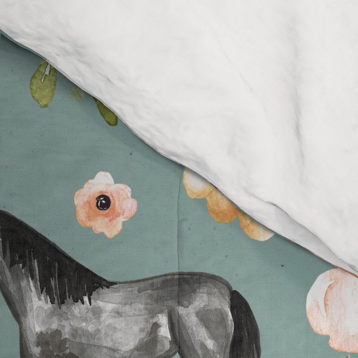 Horses and Sunrise Blue Floral, Horse Love, Wild Horses, Yellow and Pink Flowers Comforter Gallery Image 4
