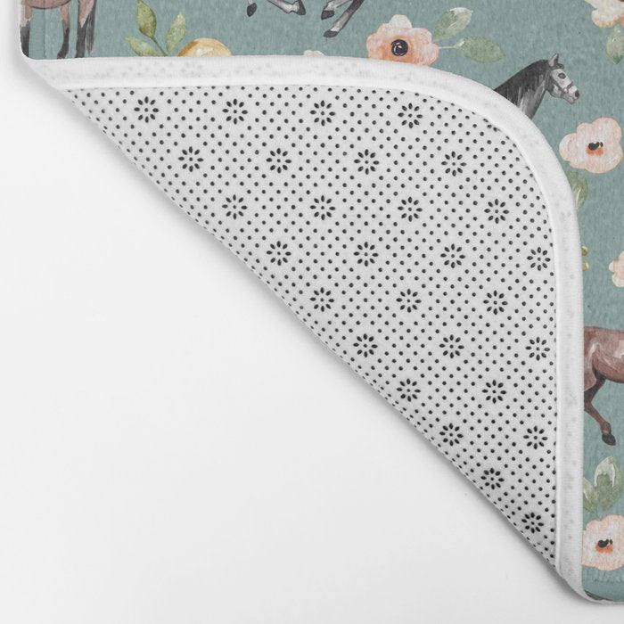 Horses and Sunrise Blue Floral, Horse Love, Wild Horses, Yellow and Pink Flowers Bath Mat Gallery Image 2