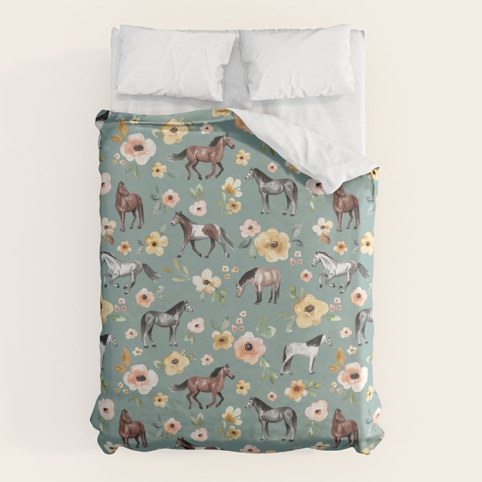 Horses and Sunrise Blue Floral, Horse Love, Wild Horses, Yellow and Pink Flowers Duvet Cover Gallery Image 6