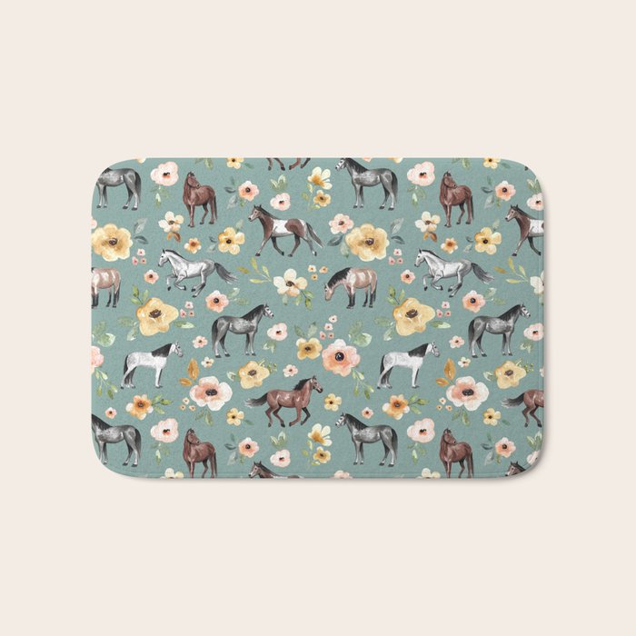 Horses and Sunrise Blue Floral, Horse Love, Wild Horses, Yellow and Pink Flowers Bath Mat Gallery Image 1
