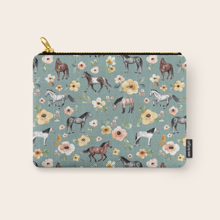 Horses and Sunrise Blue Floral, Horse Love, Wild Horses, Yellow and Pink Flowers Carry All Pouch Gallery Image 1