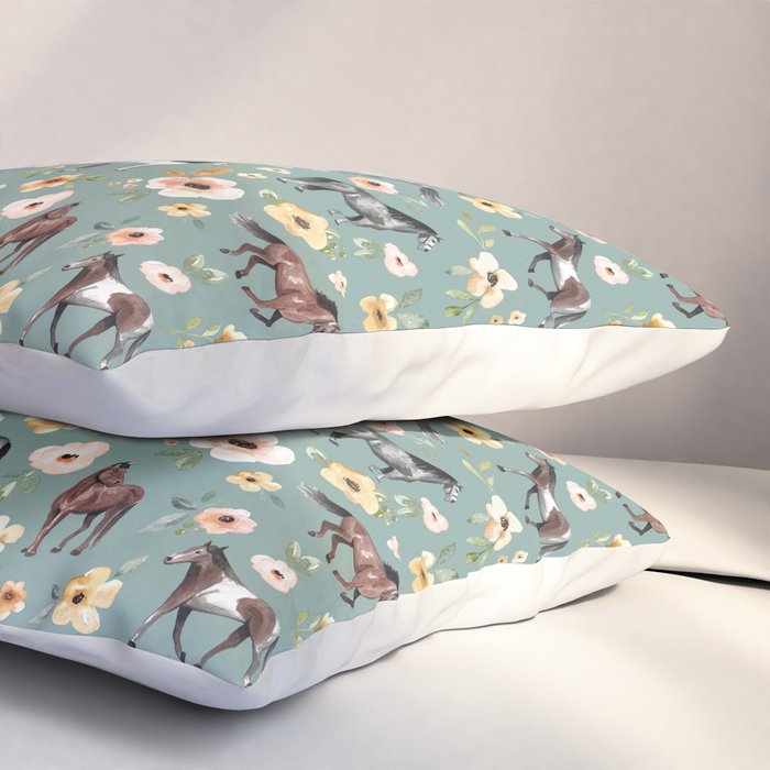 Horses and Sunrise Blue Floral, Horse Love, Wild Horses, Yellow and Pink Flowers Pillow Sham Gallery Image 3