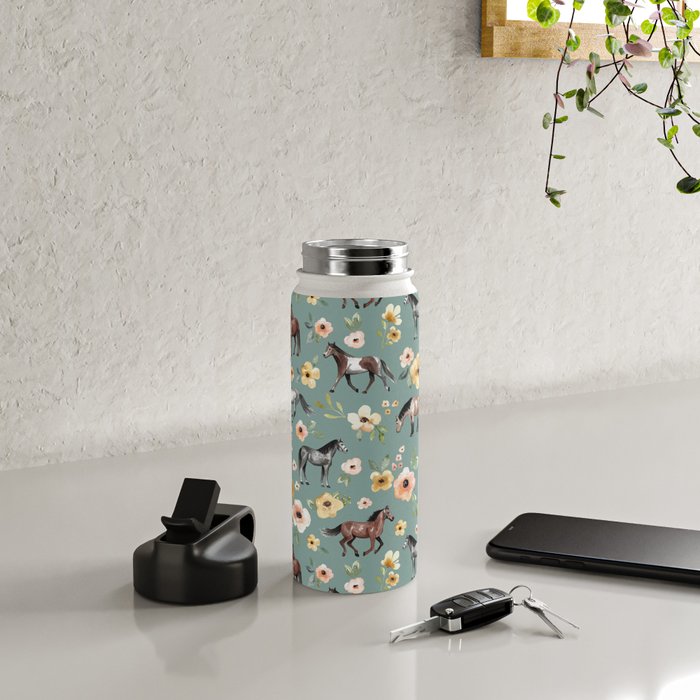 Horses and Sunrise Blue Floral, Horse Love, Wild Horses, Yellow and Pink Flowers Water Bottle Gallery Image 4