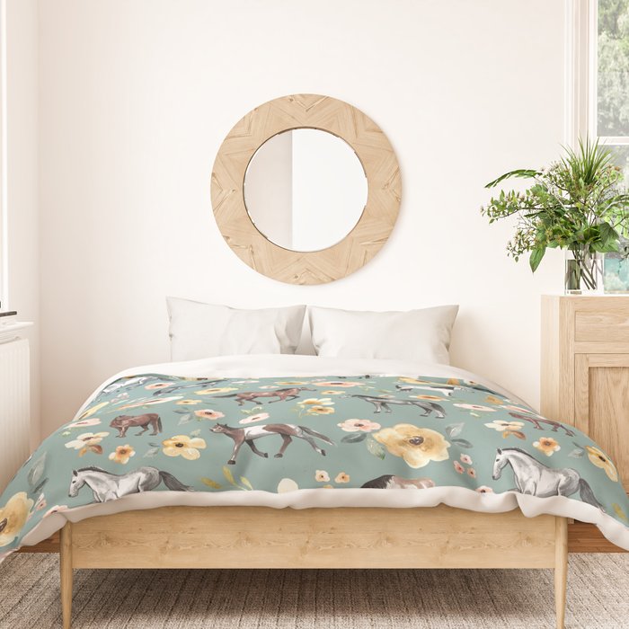 Horses and Sunrise Blue Floral, Horse Love, Wild Horses, Yellow and Pink Flowers Duvet Cover Gallery Image 3